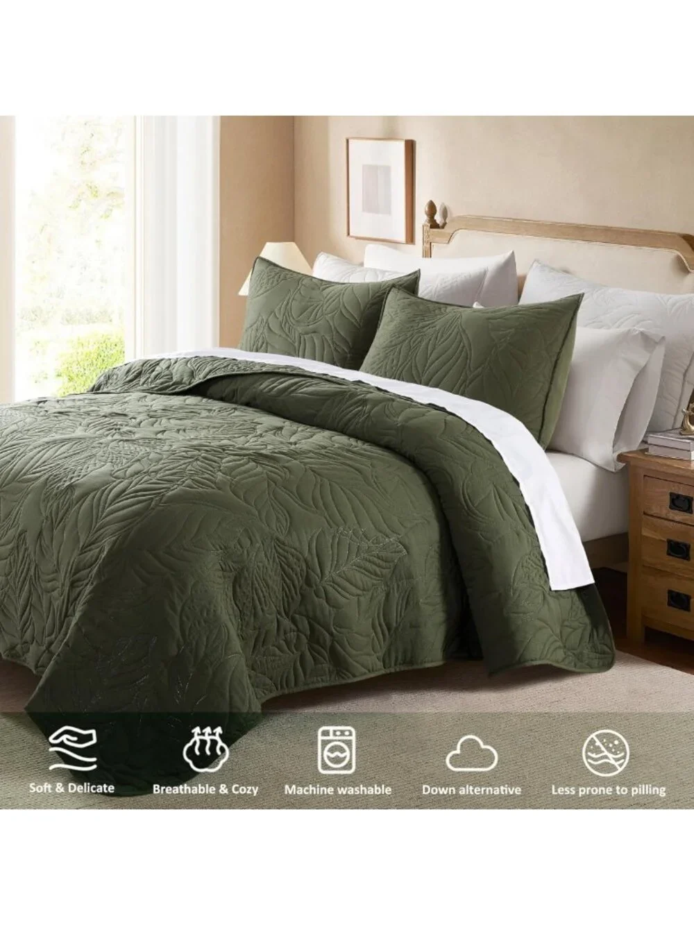 Olive Green King Quilt Set - Soft Lightweight Farmhouse Bedspread, Leaf Pattern